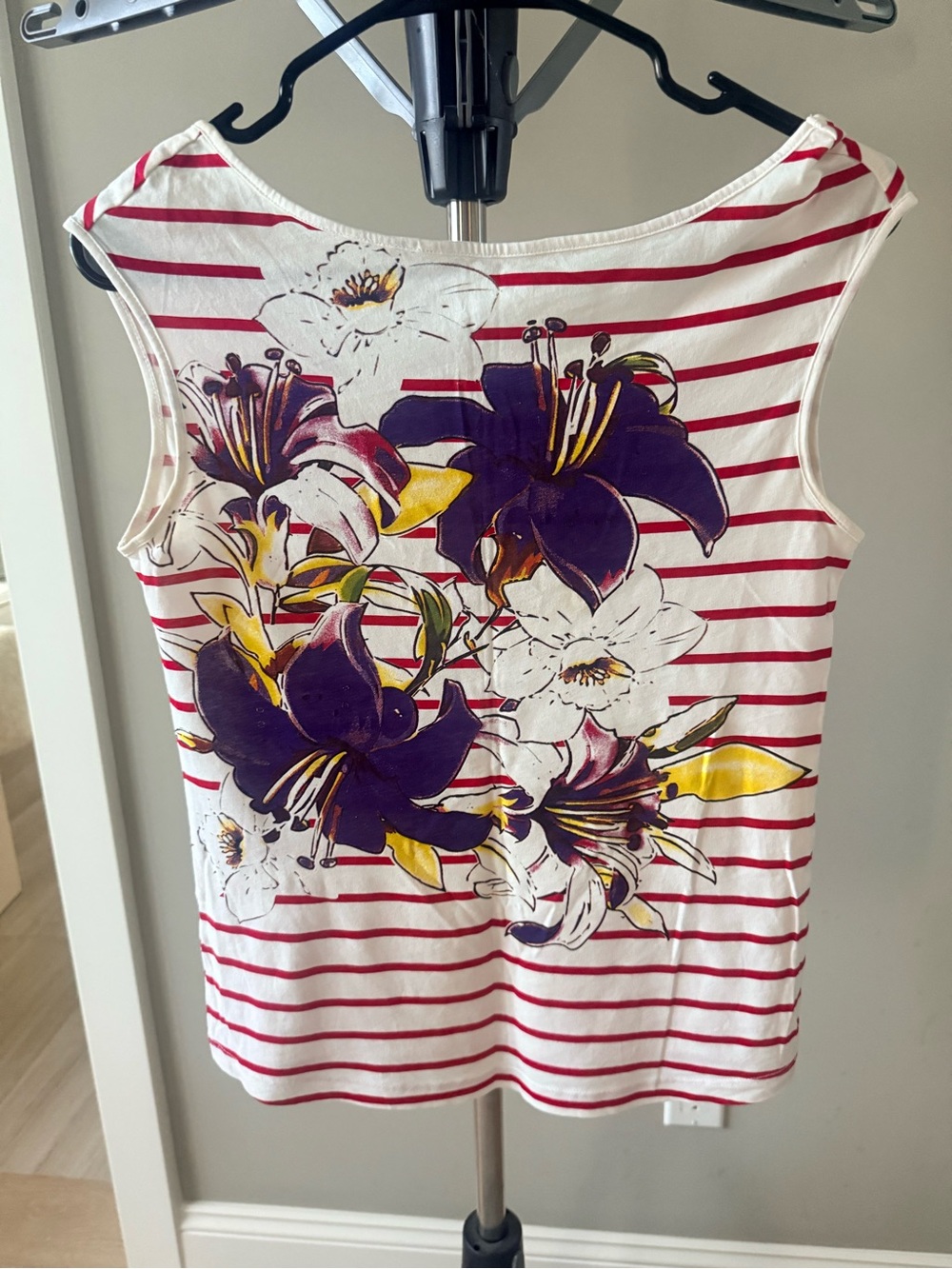 Stefanel White Tank Top with Red Stripes and Purple Floral Print